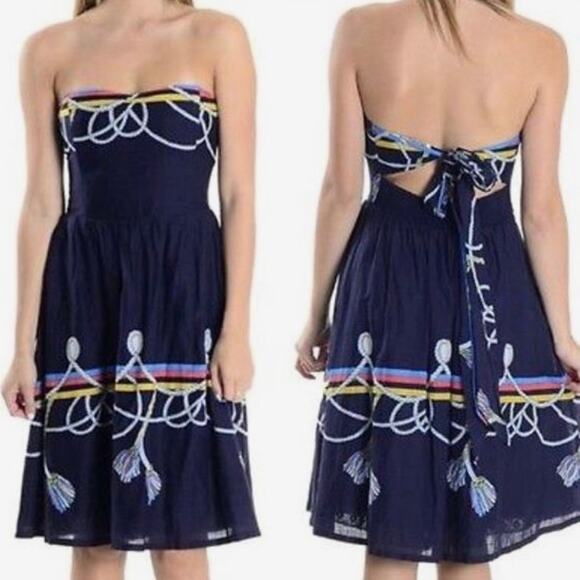 Anthropologie Wakana Koike Roped In Strapless Dress Navy Blue Nautical Sz 4 - Picture 1 of 9